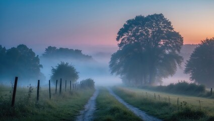 Wall Mural - misty summer evening in the countryside with fog and scenic pathway at dusk