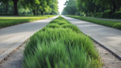 Wall Mural - Lush green grass flanks a concrete road leading into the distance, creating a serene park scene with blurred greenery in the background.