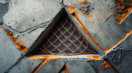 Abstract textured concrete surface featuring a triangular net and weathered details, ideal for backgrounds in design projects.