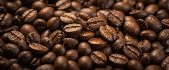 Wall Mural - Close-up of rich, aromatic coffee beans showcasing their texture and color for beverage and culinary visual projects.