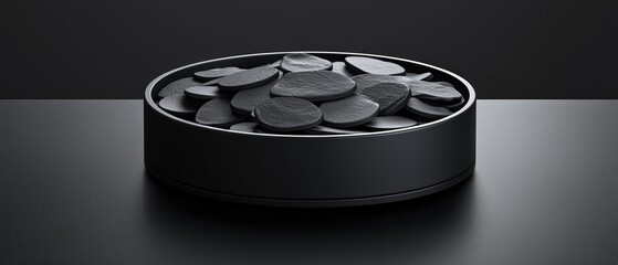 Sticker - 3d illustration of a smooth obsidian metal box filled with shiny obsidian stones on a minimalist bla