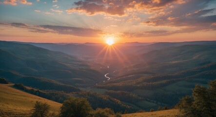 Wall Mural - stunning sunset over a serene valley with sunbeams piercing soft clouds and ample space for text in 
