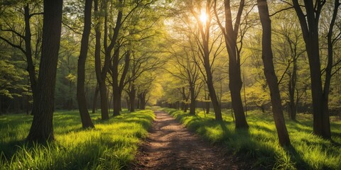 Wall Mural - sunlit woodland pathway in spring trees with dappled light and lush green grass creating a serene ou