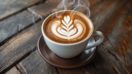 Wall Mural - Steaming latte art in a white cup placed on a rustic wooden table showcasing a warm and inviting coffee experience.