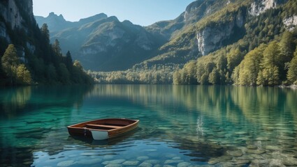 Canvas Print - Serene reflection of mountains on tranquil lake waters with a small boat anchored amidst vibrant greenery and crystal-clear surroundings