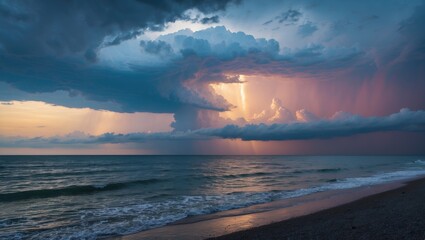 Wall Mural - dramatic thunderstorm clouds illuminated by sunset over tranquil sea shore with space for text or de