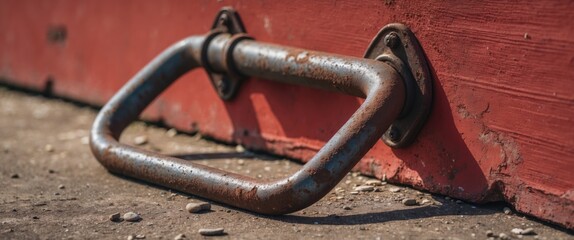 Rusty metal handle on a red wall casting a shadow evokes a sense of abandonment and nostalgia in a melancholic outdoor setting.