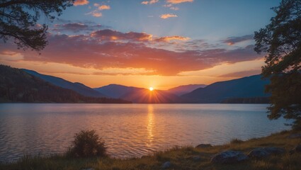 Wall Mural - serene sunset over tranquil lake landscape with mountains and reflection perfect for travel and natu