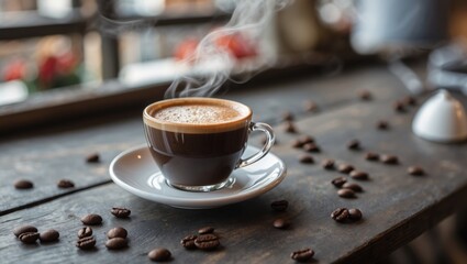 Wall Mural - Steaming cup of coffee on a rustic wooden table surrounded by coffee beans in a cozy cafe setting.