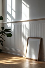 Wall Mural - Sunlit room, frame mockup, wood floor, wall paneling, plant