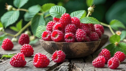 Wall Mural - Freshly harvested raspberries in a wooden bowl surrounded by green leaves on a rustic wooden table showcasing summer's bounty.