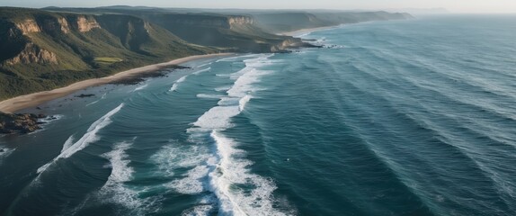Wall Mural - aerial view of serene coastline with gently rolling waves and lush green cliffs under soft natural l