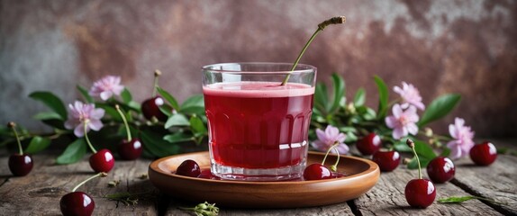 Canvas Print - Sour cherry juice in a glass on a rustic wooden plate with flowering sprigs and cherries, creating a vibrant natural scene.