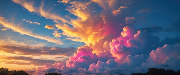 Wall Mural - stunning twilight sky showcasing vibrant hues of gold pink and blue with fluffy clouds illuminated b