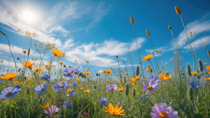 Wall Mural - Vibrant Wildflower Meadow Under Blue Sky on a Sunny Day with Copy Space for Text and Natural Elements in Background