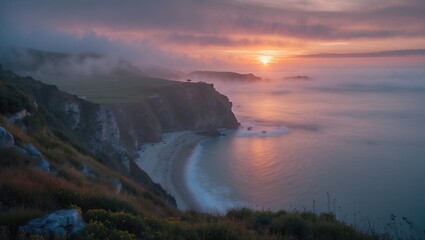 Wall Mural - Mystical Coastal Sunset with Fog Over Tranquil Waters and Cliffs at Dusk