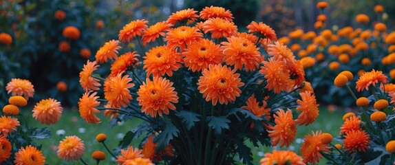 Wall Mural - Vibrant bouquet of orange chrysanthemum flowers in a lush garden displaying the beauty of autumn blooms and seasonal colors.