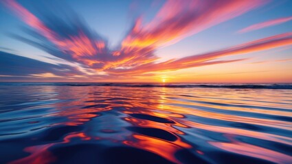 Wall Mural - vibrant sunset reflection over calm water with motion blur creating an abstract seascape atmosphere