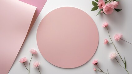 Canvas Print - Pastel pink round paper circle on white background surrounded by delicate flowers and leaves in a minimalist flat lay composition.