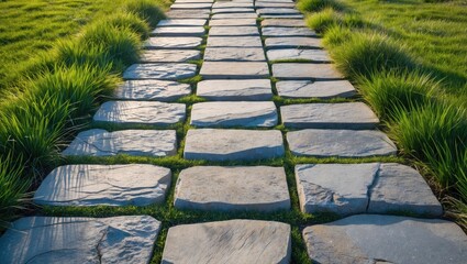 Canvas Print - A Serene Stone Pathway Surrounded By Lush Green Grass Under Bright Natural Light