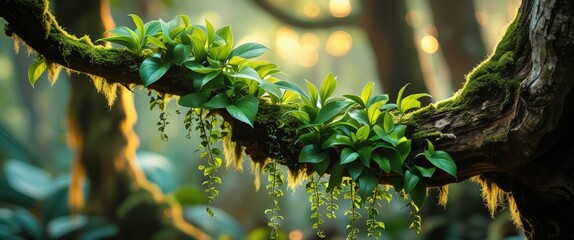 Wall Mural - Lush green plants growing on a tree branch with a blurred forest background creating a serene tropical atmosphere and ample copy space.