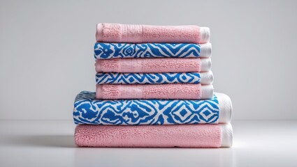 Wall Mural - Stack of colorful towels with pink and blue patterns on a white background showcasing softness and design ideal for home decor and relaxation.