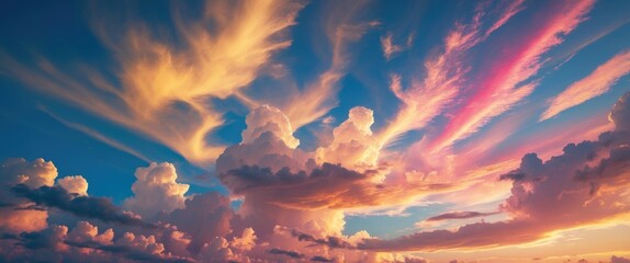 Wall Mural - vibrant twilight sky with golden, pink, and blue hues showcasing beautifully shaped clouds during su