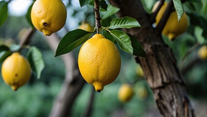 Canvas Print - Closeup of ripe lemons hanging from tree branches with vibrant green leaves and natural blurred background for empty text space.