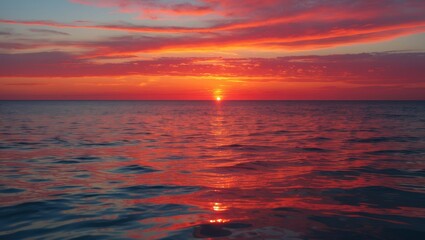 Wall Mural - serene sunset over calm sea vibrant orange and red hues reflected in water creating a peaceful and t