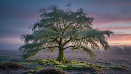 Wall Mural - Majestic tree draped in moss at dusk surrounded by misty landscape creating a serene and enchanting atmosphere.