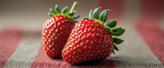 Canvas Print - Fresh ripe strawberries on a striped tablecloth showcasing their vivid red color and lush green leaves. Perfect for food photography.