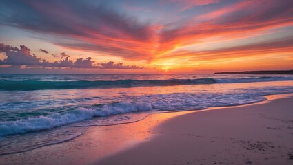 Wall Mural - vibrant sunset over tranquil beach creating reflections in gentle waves and colorful sky