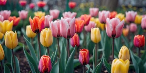 Wall Mural - Colorful Tulip Garden in Full Bloom Showcasing Soft Petals with Vibrant Colors and Ample Empty Space for Text or Advertisements.