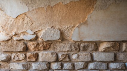 Canvas Print - Weathered stone wall texture with peeling plaster for rustic or historical architectural backgrounds.