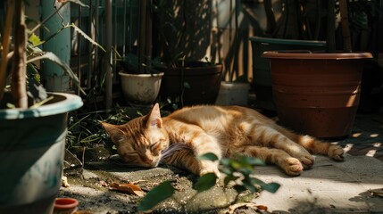 Wall Mural - A peaceful orange cat lounging in a sunlit garden surrounded by potted plants, enjoying a tranquil afternoon