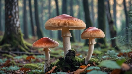 Poster - Amanita Muscaria Mushrooms Growing Amidst Lush Greenery in a Tranquil Forest Environment