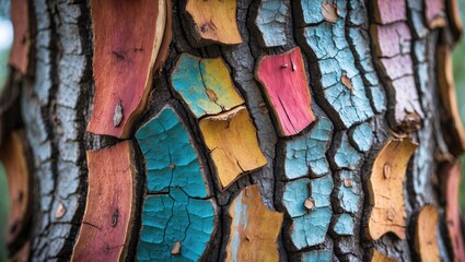 Canvas Print - Vibrant and textured bark of a tree showcasing colorful hues and patterns in natural wood grain detail.