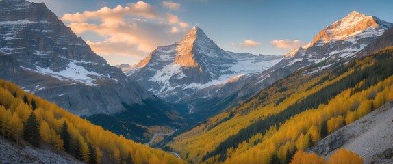 Wall Mural - Majestic Alpine Landscape in Autumn Foliage with Mountain Peaks and Vibrant Yellow Trees Ideal for Nature and Travel Promotions