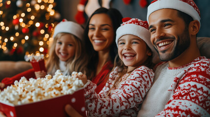 Wall Mural - A family in matching Christmas pajamas sharing popcorn in a living room filled with holiday cheer