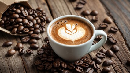 Wall Mural - Coffee cup latte art surrounded by dark roasted coffee beans on a rustic wooden table creating a cozy atmosphere for coffee lovers