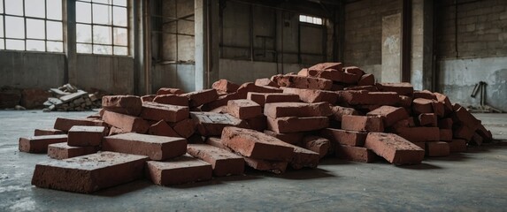 Canvas Print - A large pile of red bricks scattered on a textured cement floor in an abandoned industrial space with natural light.