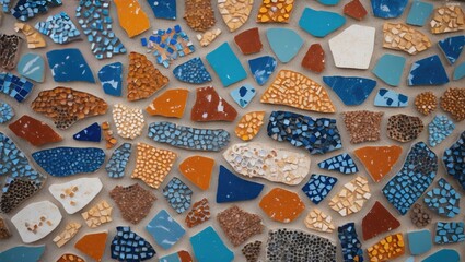 Canvas Print - Vibrant abstract mosaic wall featuring a colorful array of ceramic tiles in blue, orange, and neutral tones creating a unique textured design.