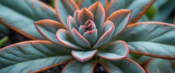 Wall Mural - Succulent plant close-up showcasing intricate leaf patterns and vibrant colors against a soft blurred background for a serene botanical feel.