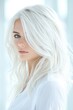 © Blackmint Studio - A young woman stands gracefully in a softly lit room, showcasing her long white hair cascading over one shoulder. She gazes confidently, exuding elegance