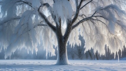 Wall Mural - Frozen tree covered in ice creating a serene wintry landscape under soft sunlight and a blanket of snow.