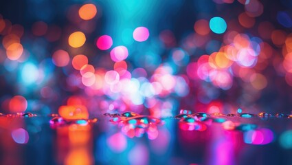 Canvas Print - Colorful abstract bokeh background with blurred lights and water droplets creating a vibrant artistic aesthetic for design projects.