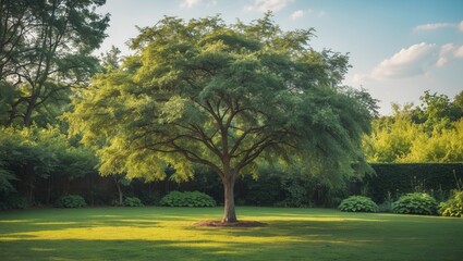 Wall Mural - Lush Acacia Tree Surrounded By Green Grass In A Serene Summer Garden With Vibrant Greenery And Clear Blue Sky.