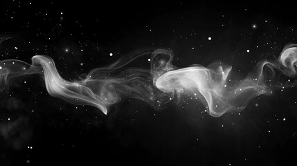 Wall Mural - fluid motion in artistic black and white liquid scene with swirling tendrils and luminous particles