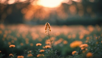 Wall Mural - Golden Flower in Soft Focus Against a Dreamy Natural Background at Sunset