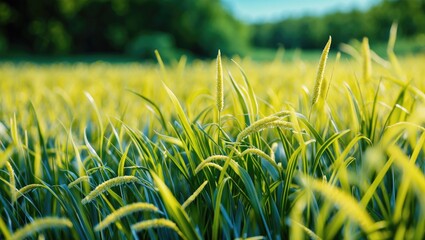 Wall Mural - Vibrant Close-Up of Lush Green and Yellow Grass Blades Against a Soft-Focused Nature Background in a Sunlit Field